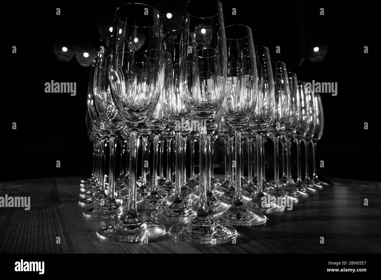 champagne glasses empty in a row Stock Photo