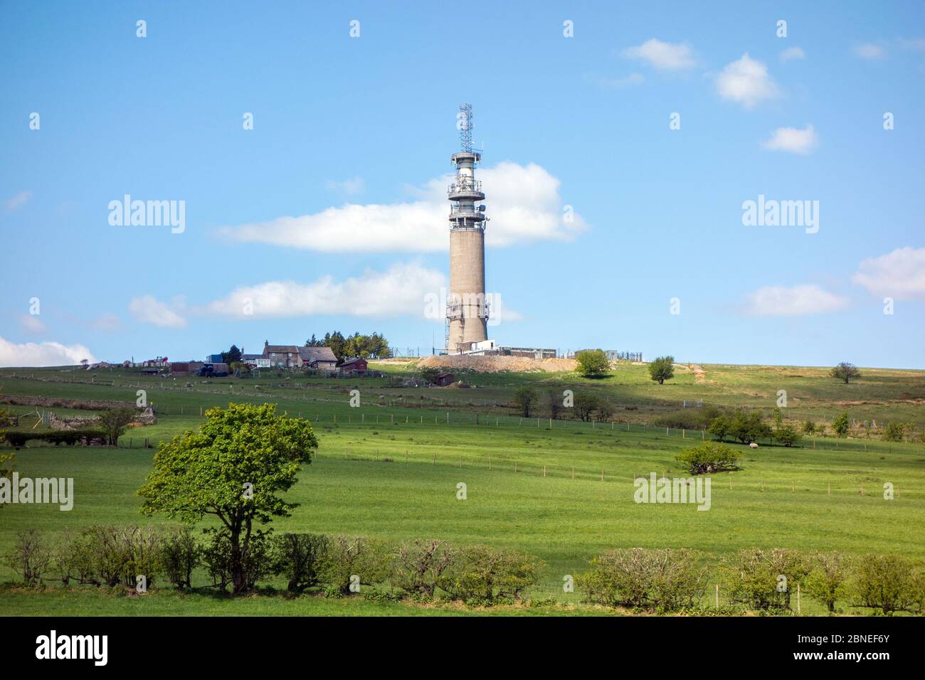 The BT telecommunications tower radio mast on Croker Hill Sutton Common Near Macclesfield Cheshire Peak district England Stock Photo
