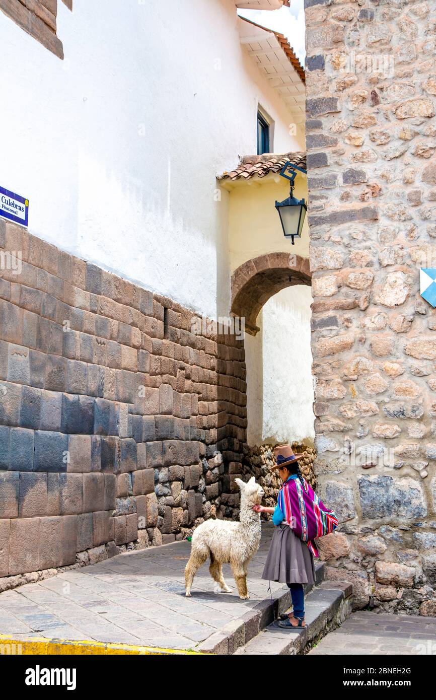 Peruvian woman in traditional dress with alpaca in Cusco, Sacred Valley, Peru Stock Photo