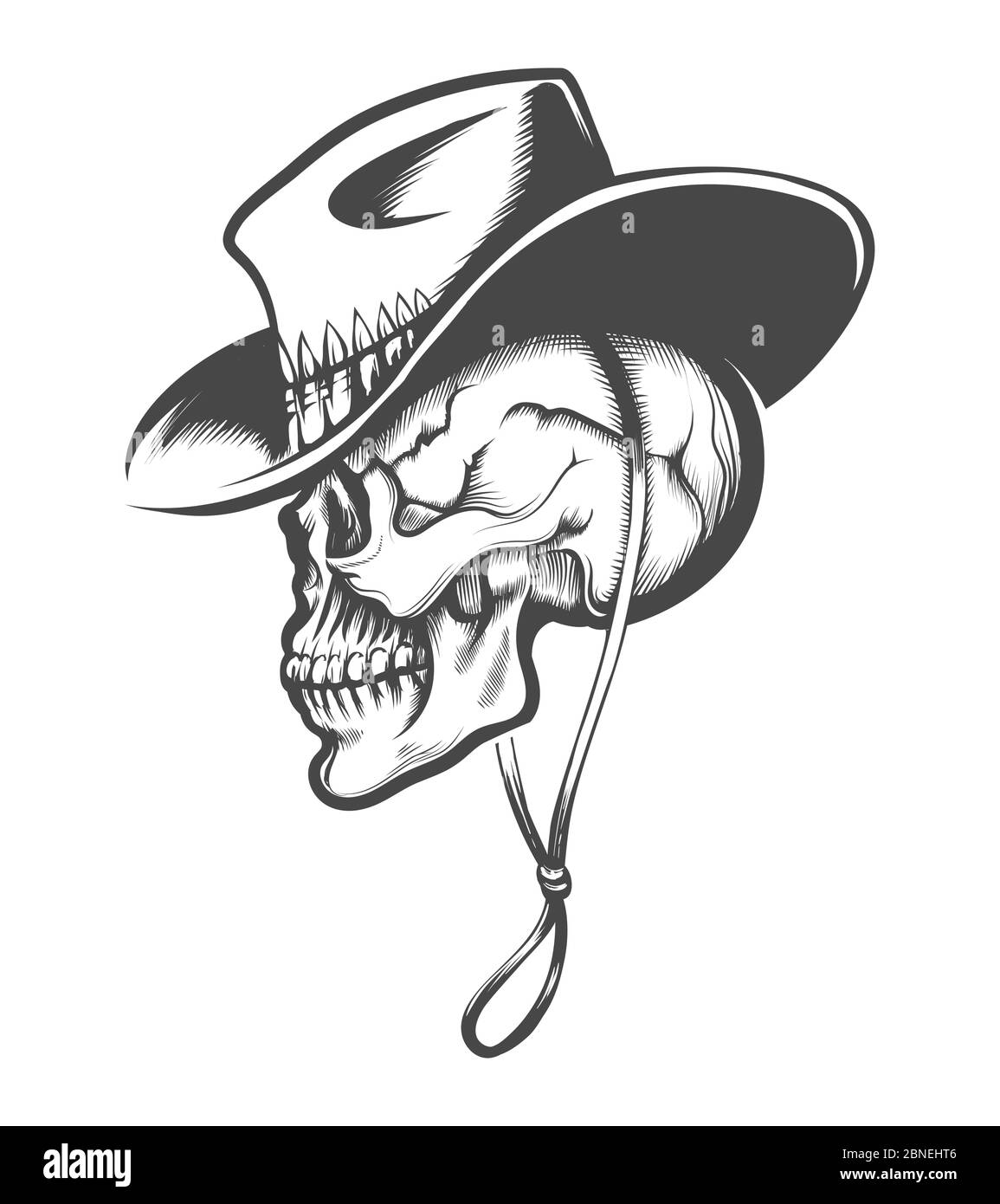 Hand drawn Skull in a Cowboy hat Tattoo. Side view. Vector illustration. Stock Vector