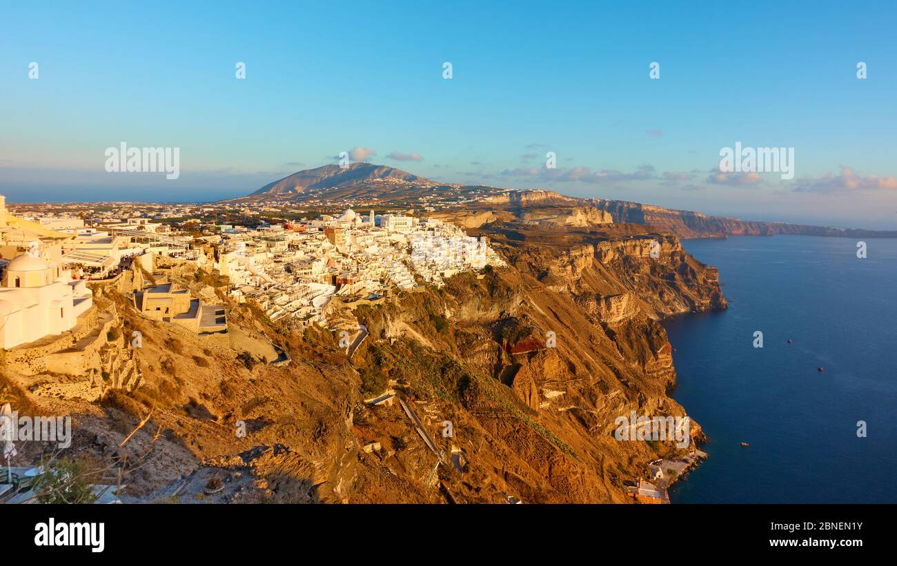Panorama of Santorini island with Thira town on the cliff, Greece -- Greek landscape Stock Photo