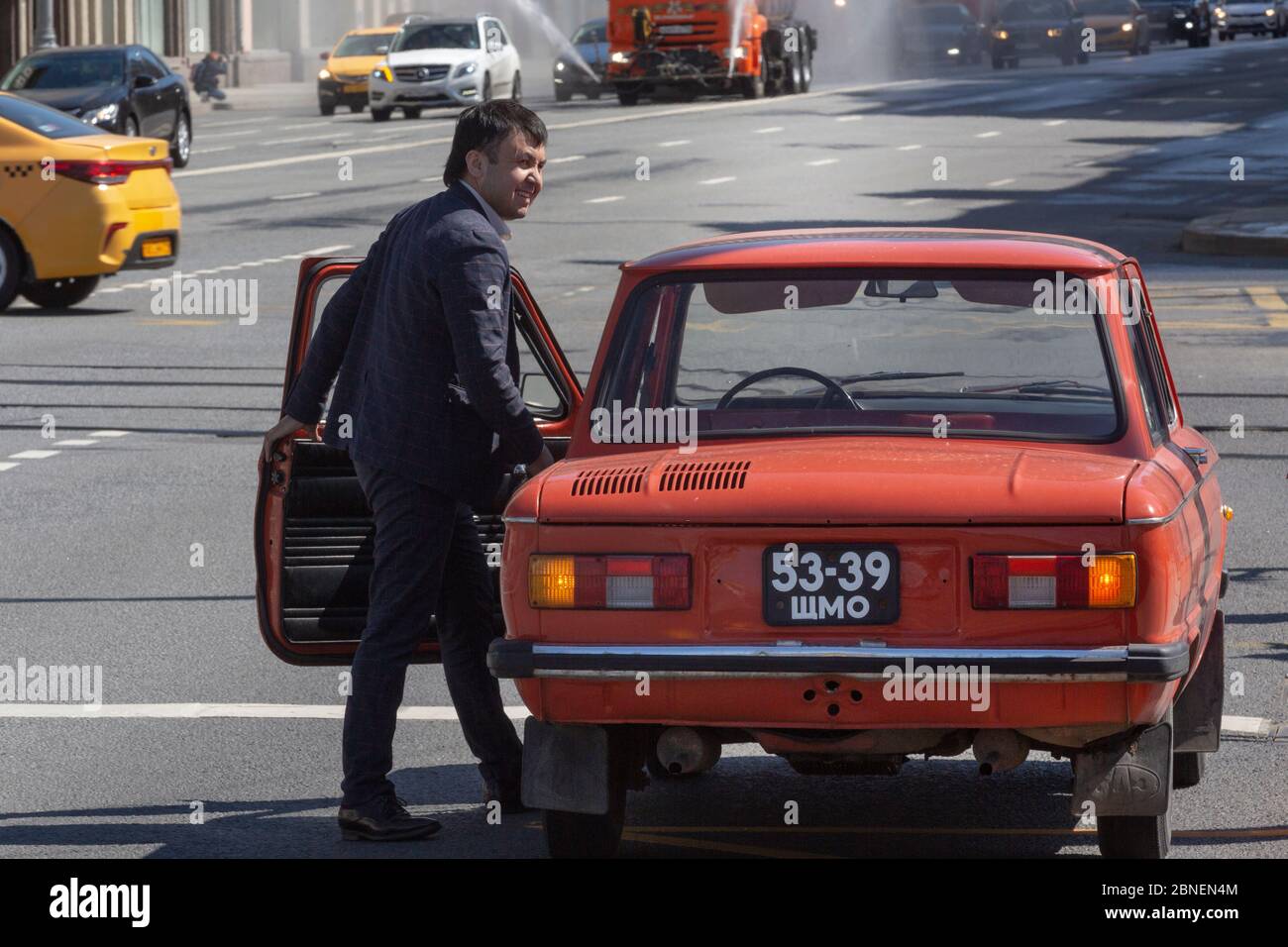 Moscow, Russia. 1st of May, 2020 Soviet series of rear-wheel-drive superminis car Zaporozhets (ZAZ-968M) stands at the intersection on Leningradsky avenue in the center of Moscow, Russia Stock Photo