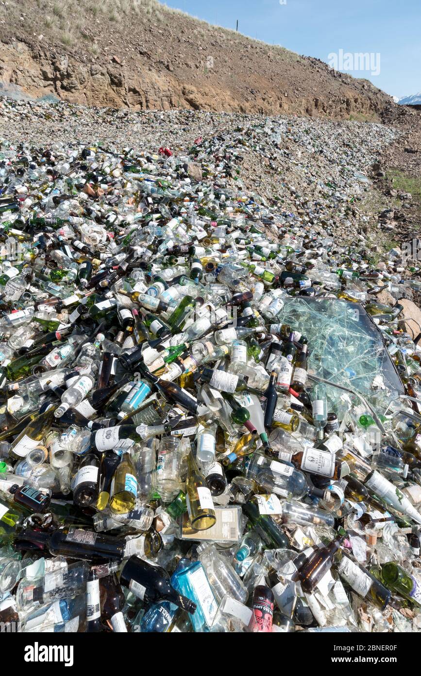 Glass pile at the Ant Flat Landfill in Wallowa County, Oregon Stock