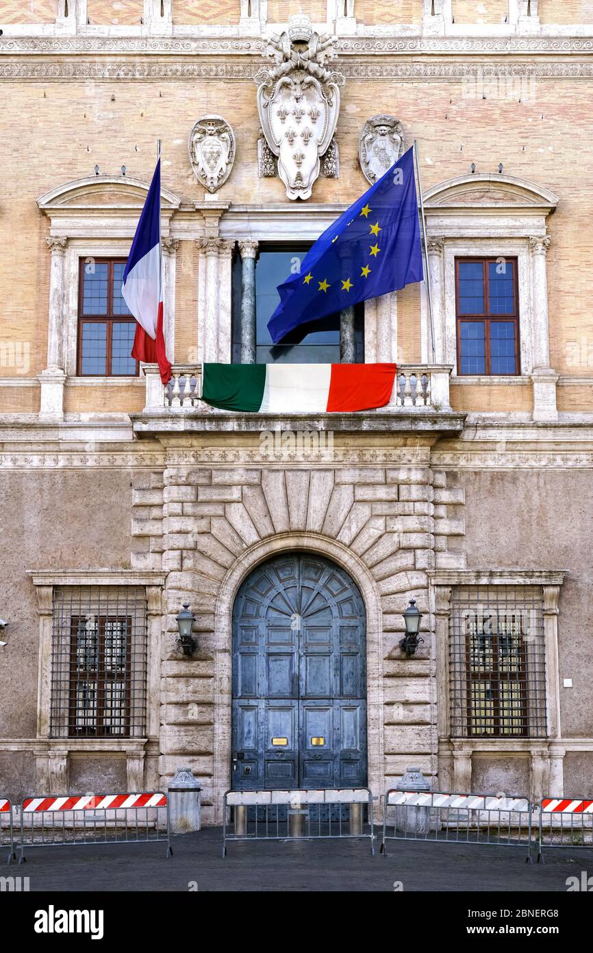 The French Embassy in Rome displays also the Italian flag showing solidarity during Coronavirus lockdown. Rome at the time of Covid 19. Italy, Europe. Stock Photo