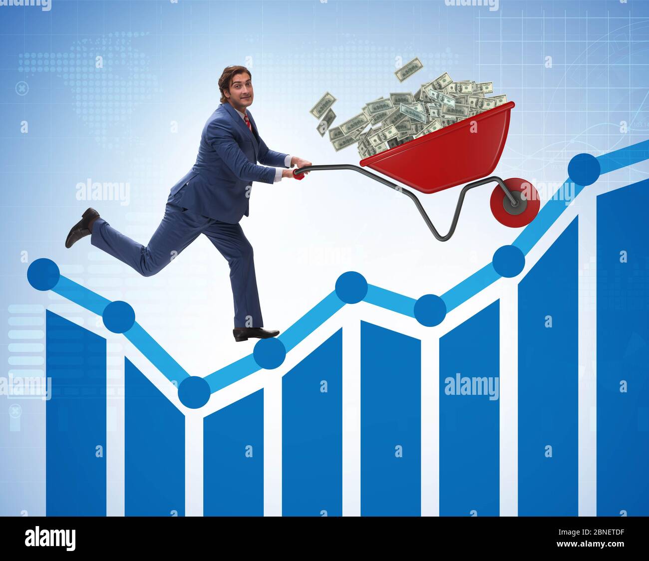 The businessman pushing wheelbarrow full of dollar money Stock Photo ...