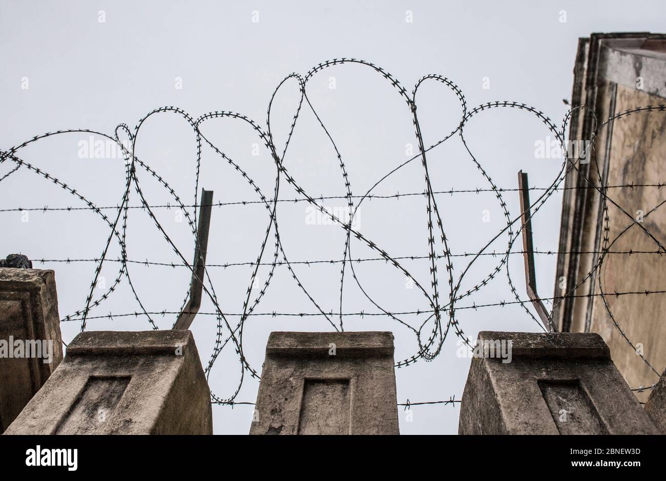 Concertina wire placed on the top of a wall. Grey cloudy sky Stock Photo