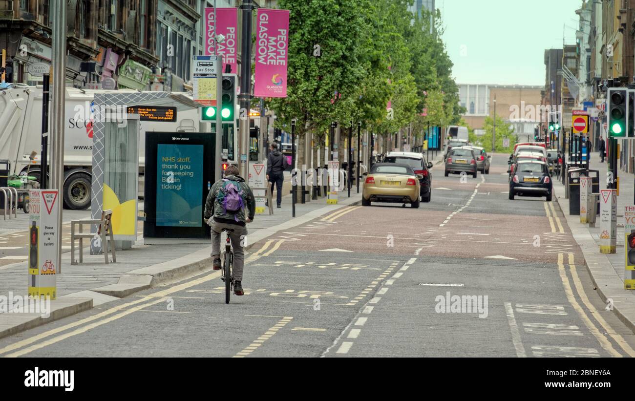 Glasgow, Scotland, UK 14th May, 2020: The city centre is showing the effects of lockdown with empty streets and social distancing dictating a dystopian agenda with a post apocalyptic look. Gerard Ferry/ Alamy Live News Stock Photo