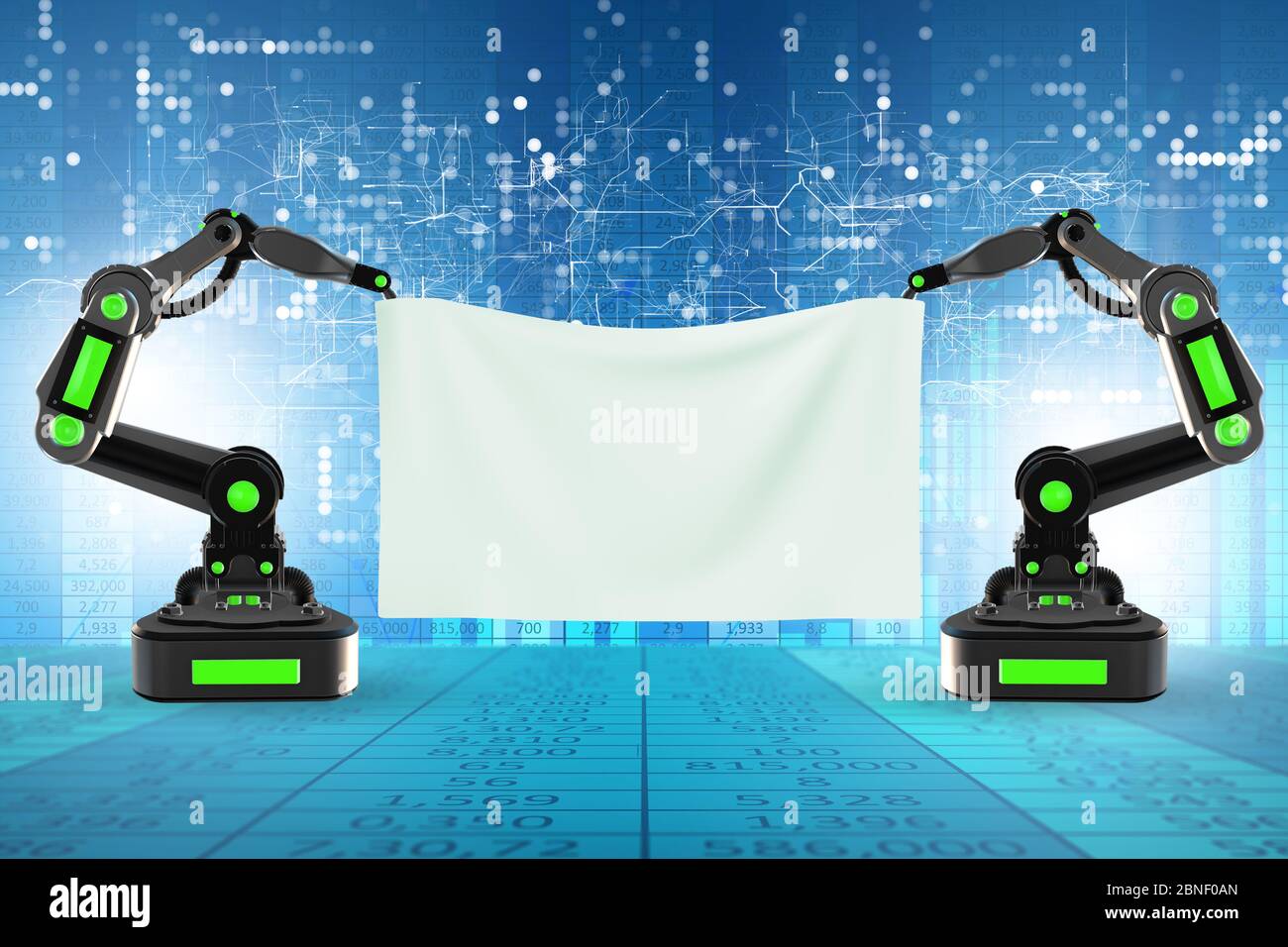 Blank poster supported by the robotic arms Stock Photo