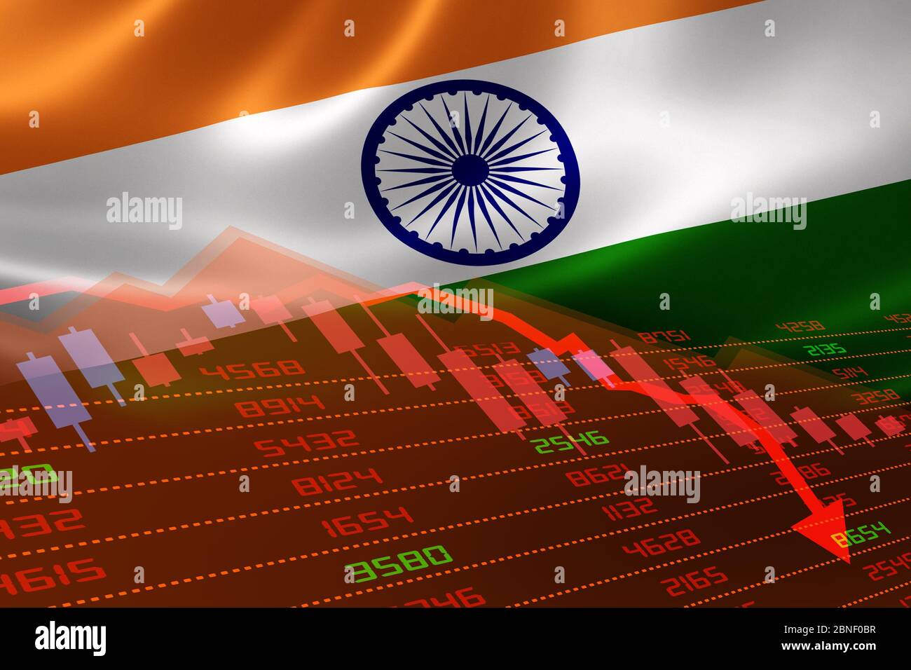 India economic downturn with stock exchange market showing stock chart down and in red negative territory. Business and financial money market crisis Stock Photo