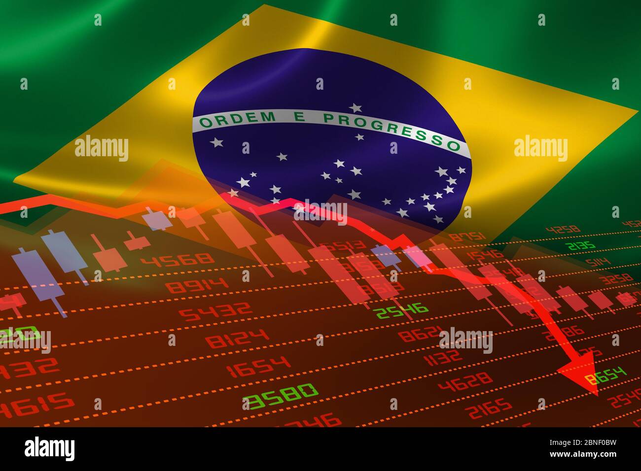 Brazil economic downturn with stock exchange market showing stock chart down and in red negative territory. Business and financial money market crisis Stock Photo