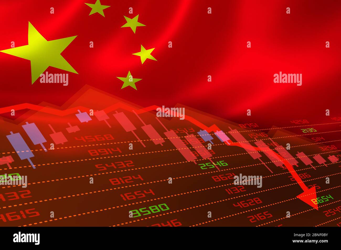 China economic downturn with stock exchange market showing stock chart down and in red negative territory. Business and financial money market crisis Stock Photo