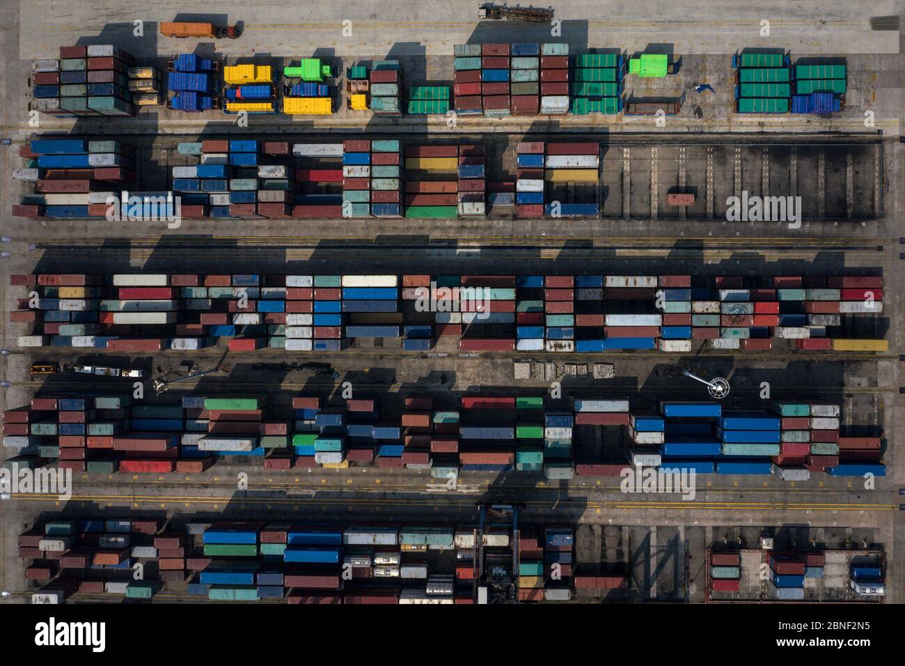 Containers are arrayed waiting to be delivered by cargo vessels at a port, Wuhan city, central China's Hubei province, 30 April 2020. *** Local Captio Stock Photo