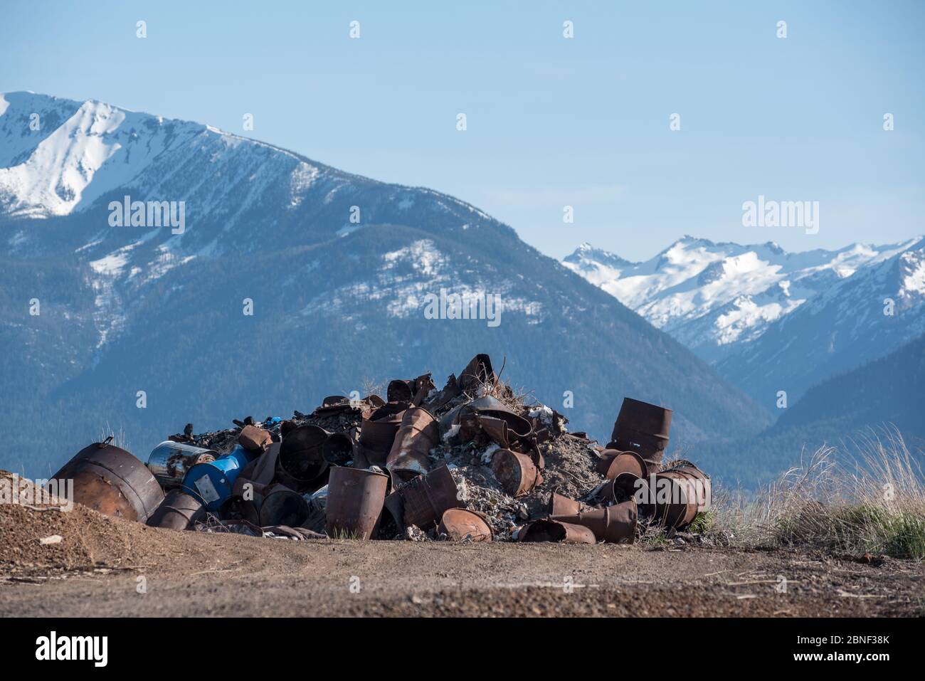 Pile of discarded burn barrels at the Ant Flat Landfill in Wallowa County, Oregon Stock Photo