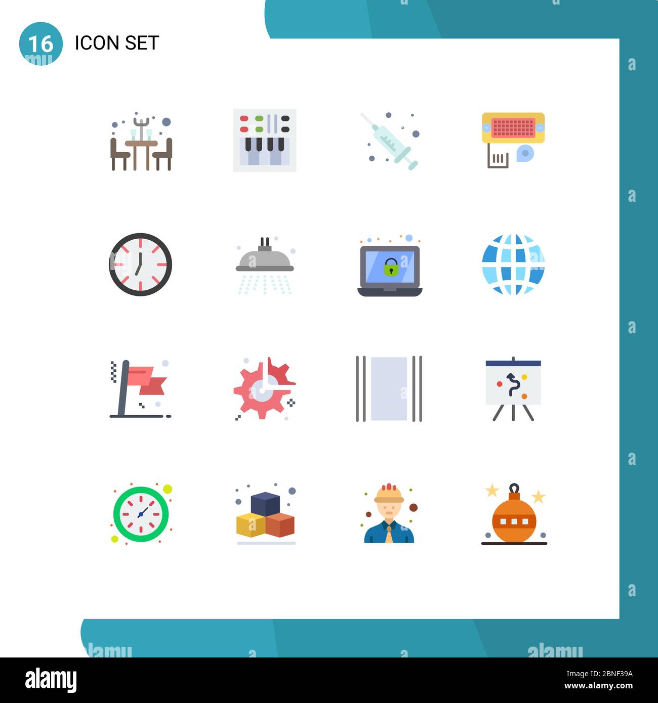 16 Universal Flat Color Signs Symbols of wall, clock, injection, input