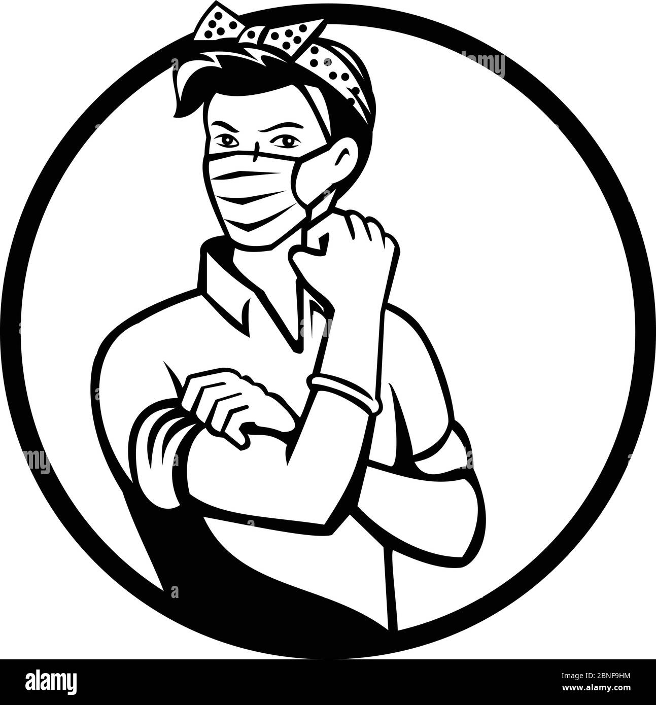 Mascot icon illustration of American Rosie the riveter as medical healthcare essential worker wearing a surgical mask flexing muscle set in circle don Stock Vector