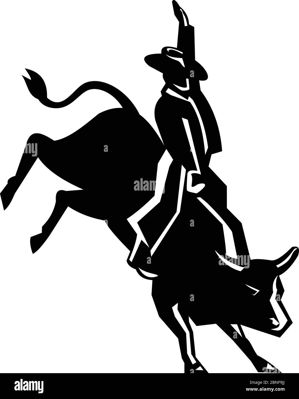 Retro style illustration of rodeo cowboy bull rider riding a red bull