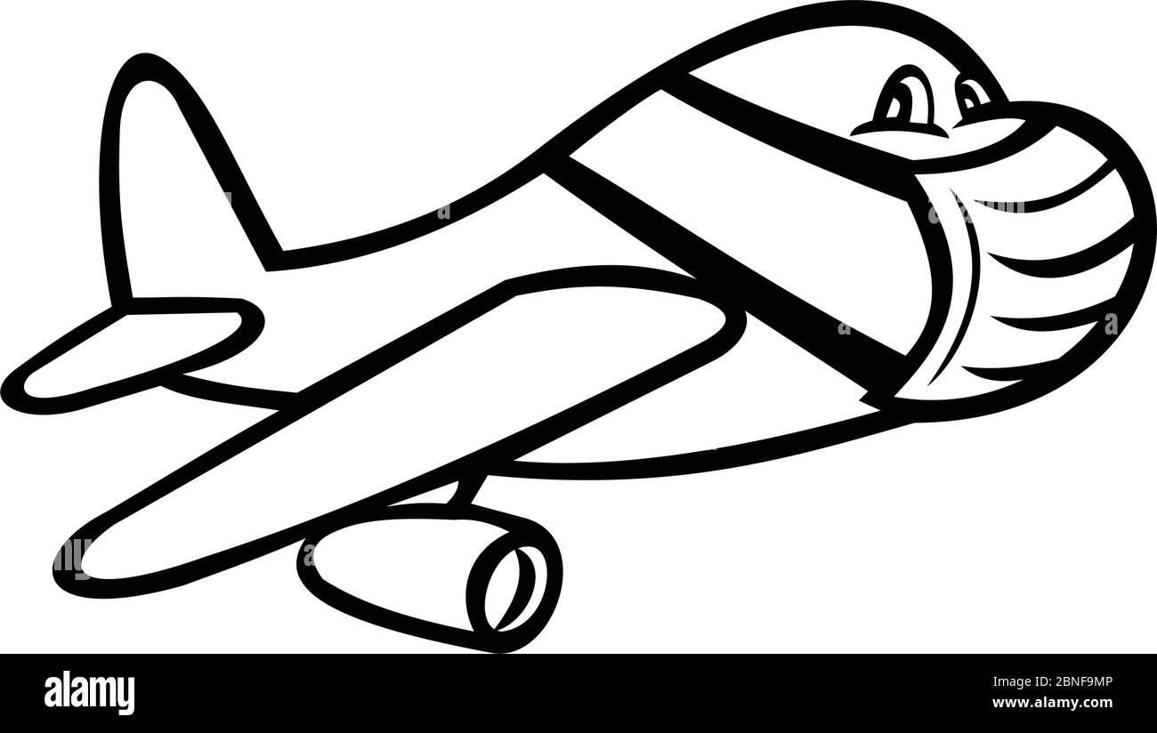 Cartoon style illustration of a jet plane or airplane wearing surgical mask, flying in full flight on isolated white background done in balck and whit Stock Vector