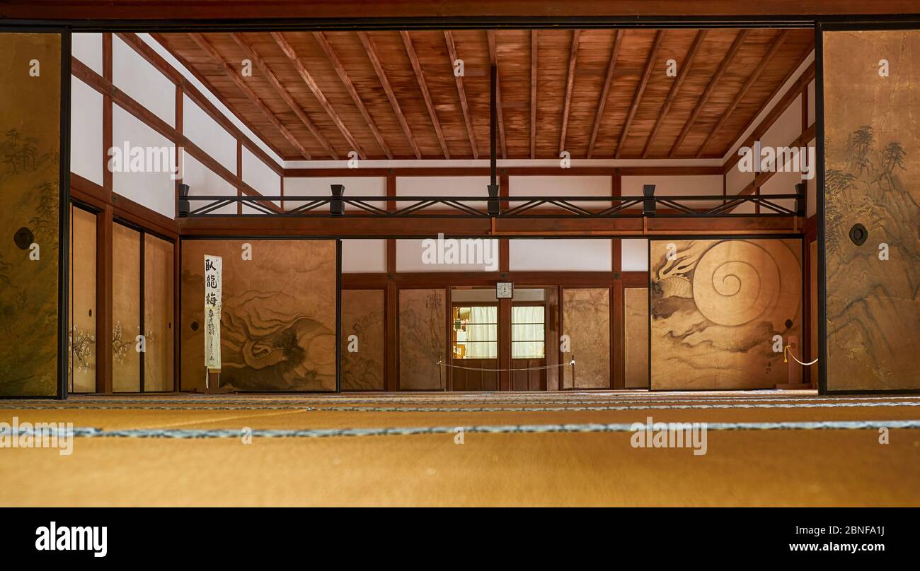KYOTO, JAPAN - OCTOBER 17, 2019: The interior of the Hojo, the head priest's former residence, decorated with the painted sliding doors (fusuma) in it Stock Photo
