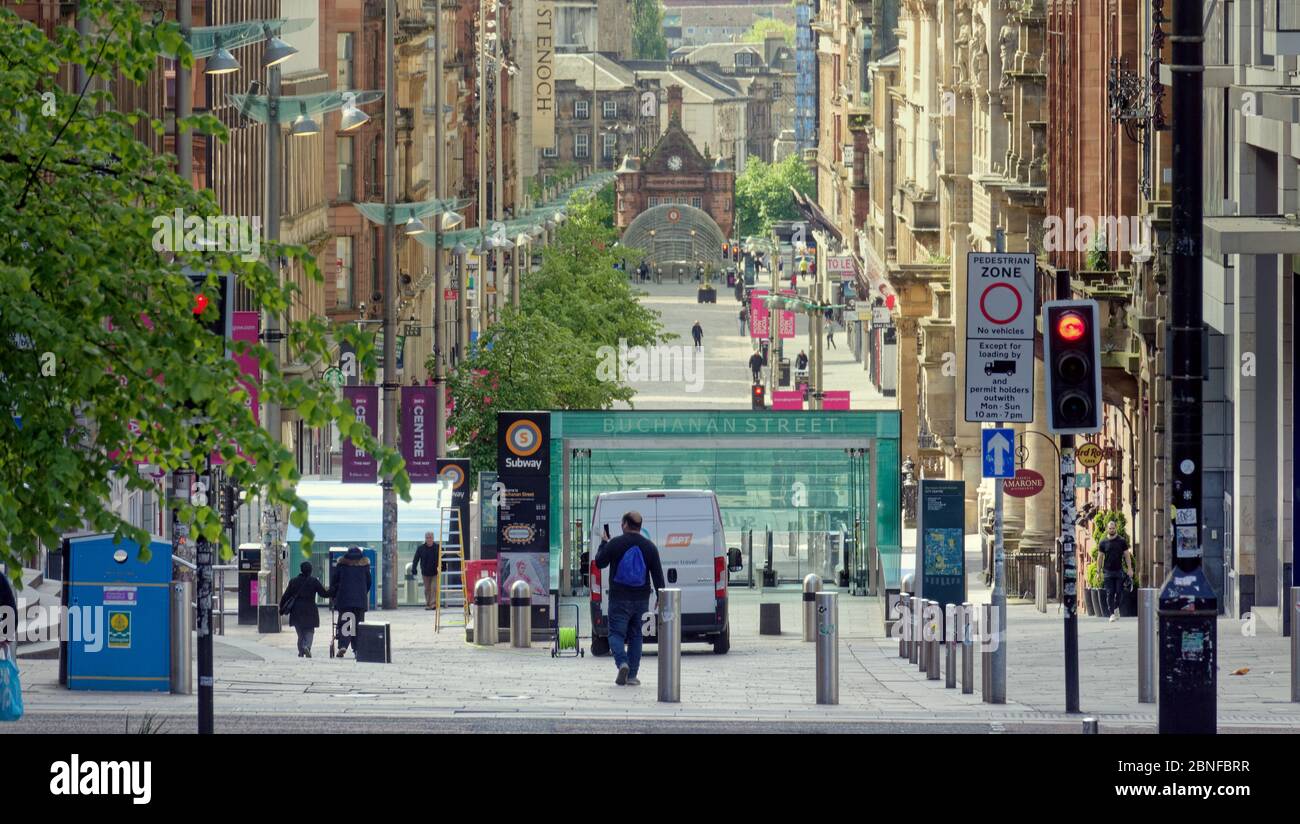 Glasgow, Scotland, UK 14th May, 2020: The city centre is showing the effects of lockdown with empty streets and social distancing dictating a dystopian agenda with a post apocalyptic look. Gerard Ferry/ Alamy Live News Stock Photo