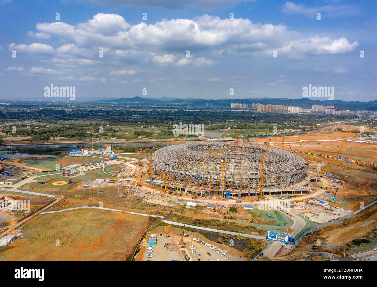 An aerial view of Dong'an Lake Stadium, at which 2021 Summer World University Games will be held, under construction, Chengdu city, southwest China's Stock Photo