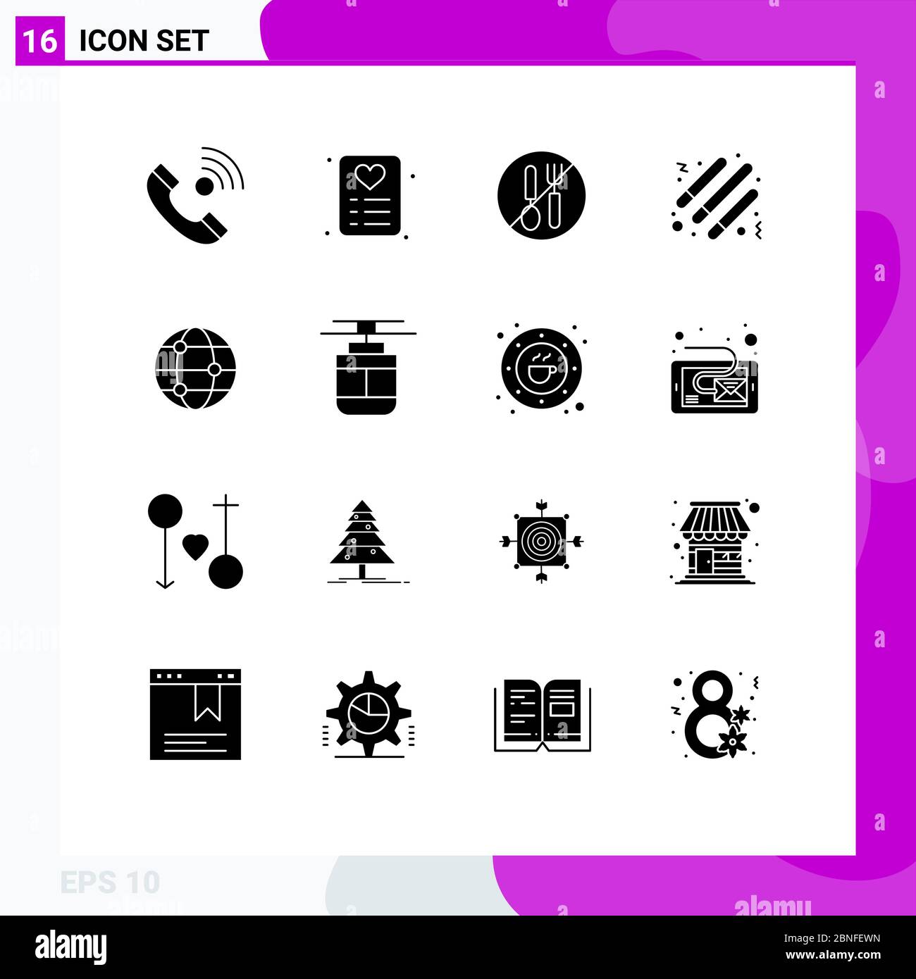 Modern Set of 16 Solid Glyphs and symbols such as globe, party, food, night, forbidden Editable Vector Design Elements Stock Vector