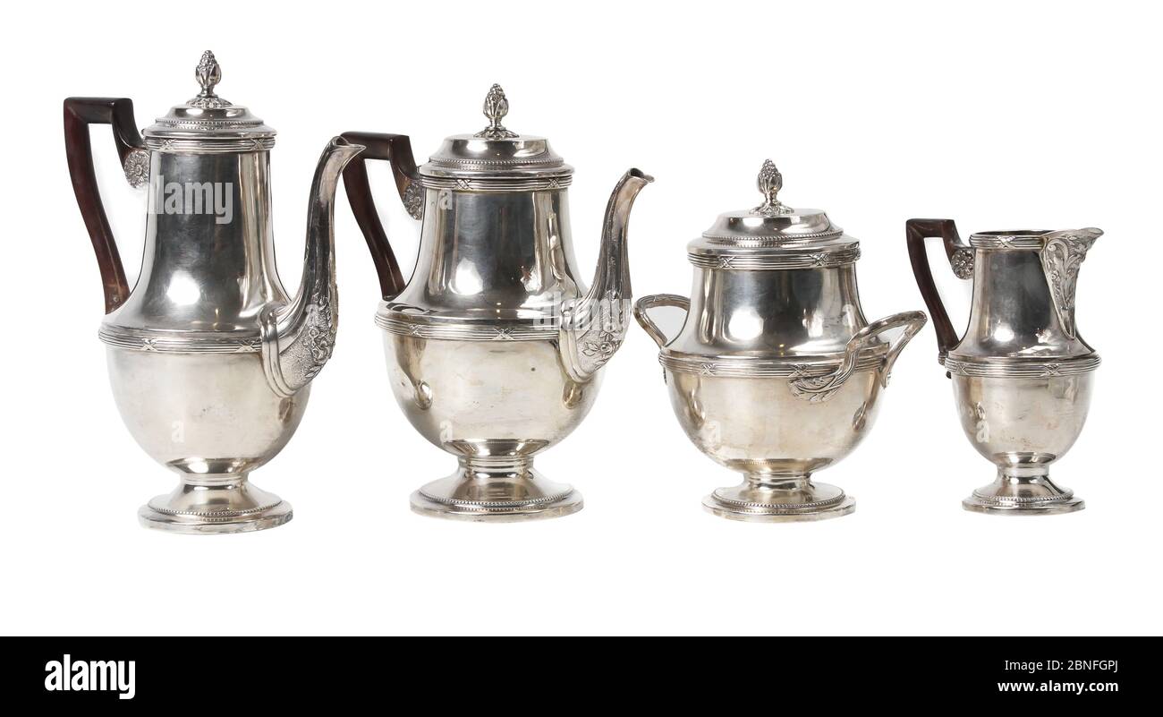 Vintage silver teapot set on white background Stock Photo Alamy