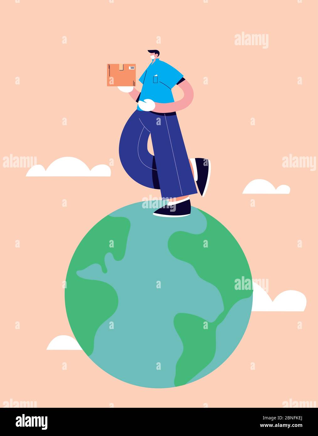 delivery man with face mask takes deliveries of goods around the world
