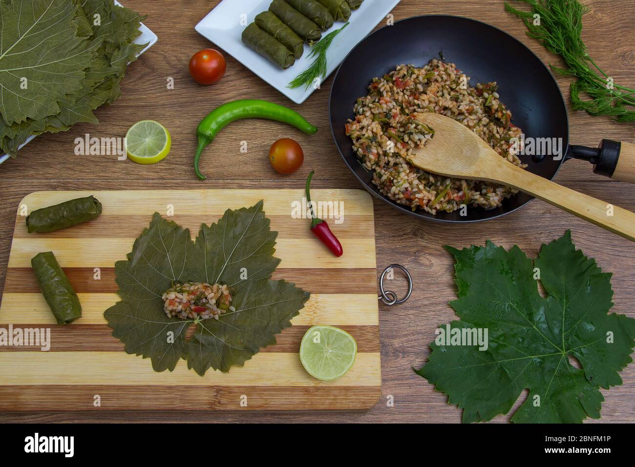 Ingredients of Mahshi or Mahshy Egyptian traditional cuisine Grape