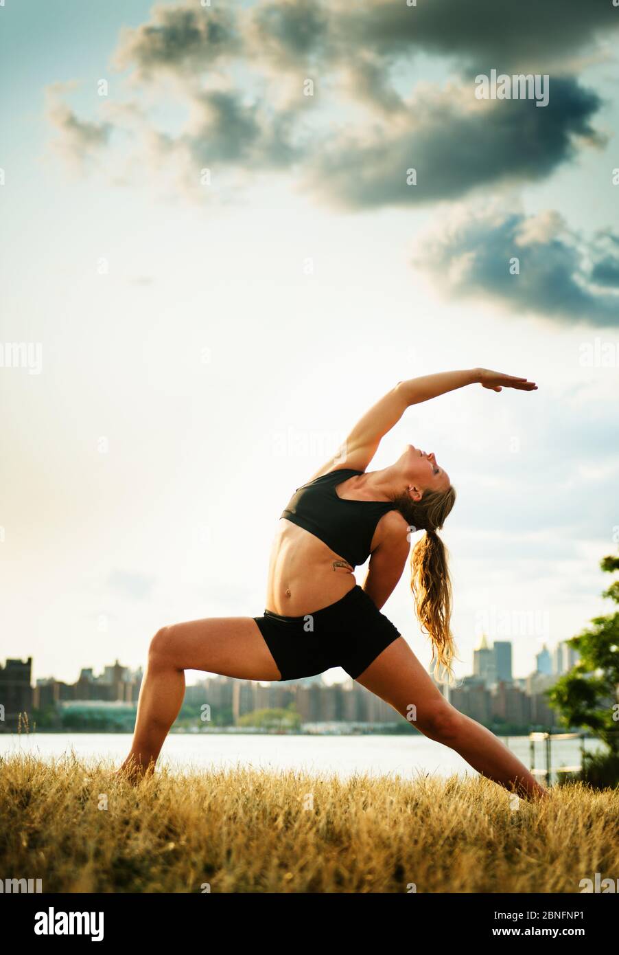 Woman doing Yoga in the park, Brooklyn, New York Stock Photo