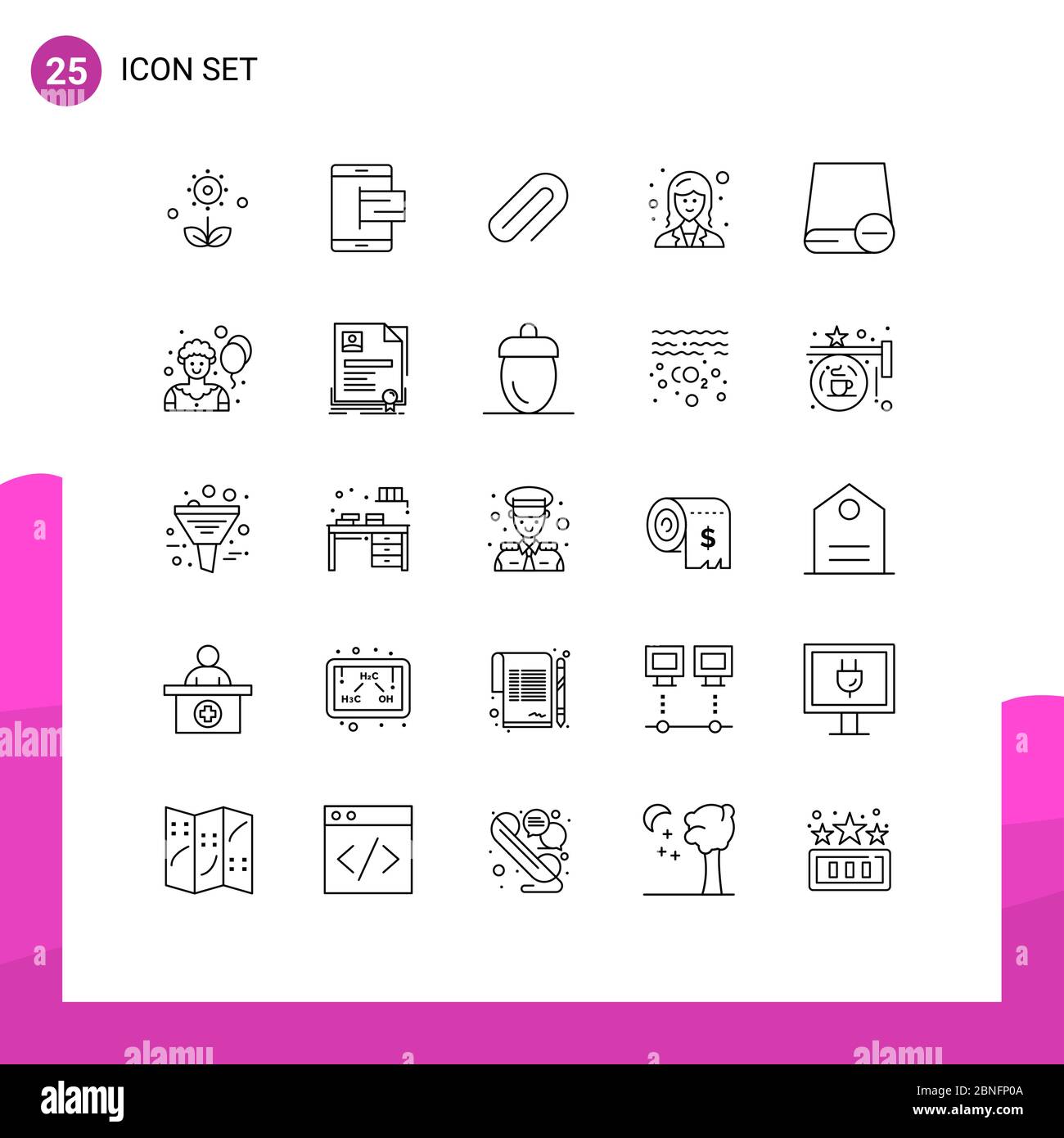 Pack of 25 Modern Lines Signs and Symbols for Web Print Media such as lady, employee, online, business, paper Editable Vector Design Elements Stock Vector