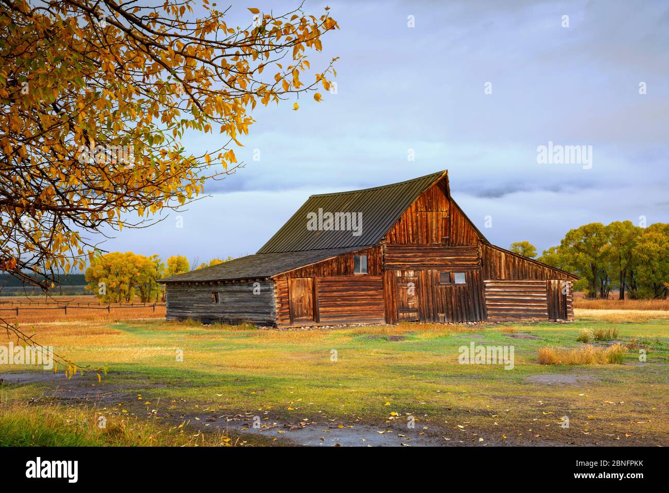 WY04306-00....WYOMING - Old barn on a foggy mornng located on historic Morman Row in Grand Teton National Park. Stock Photo