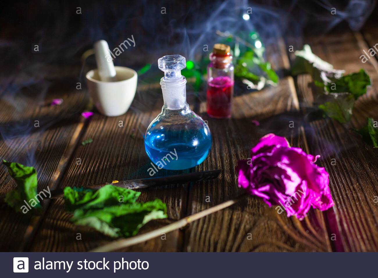 Witchcraft Witch Doctor Desk Table Magic Potion Alternative Medicine Concept Divination Love Potion Mysterious Clouds Of Smoke Stock Photo Alamy