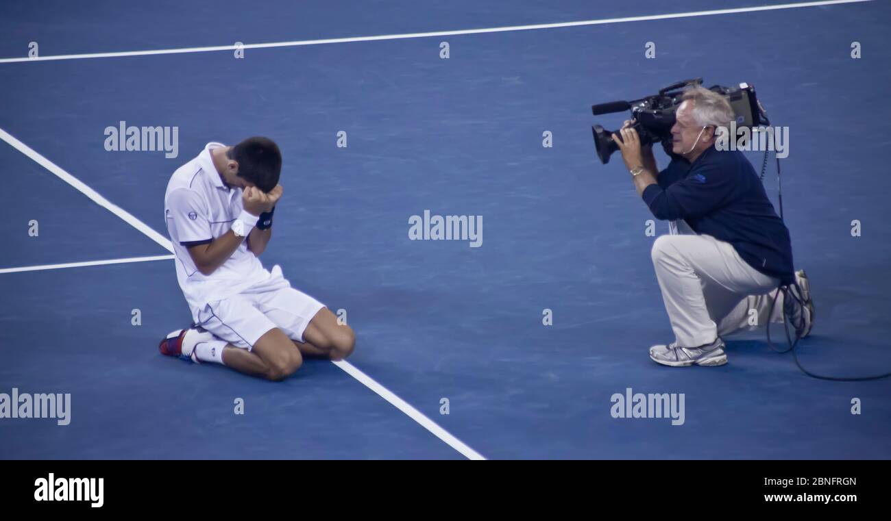 Novak Djokovic reacts on  winning the 2011 final of US Open Tennis tournament, Flushing Meadows-Corona Park, Queens, New York, USA Stock Photo