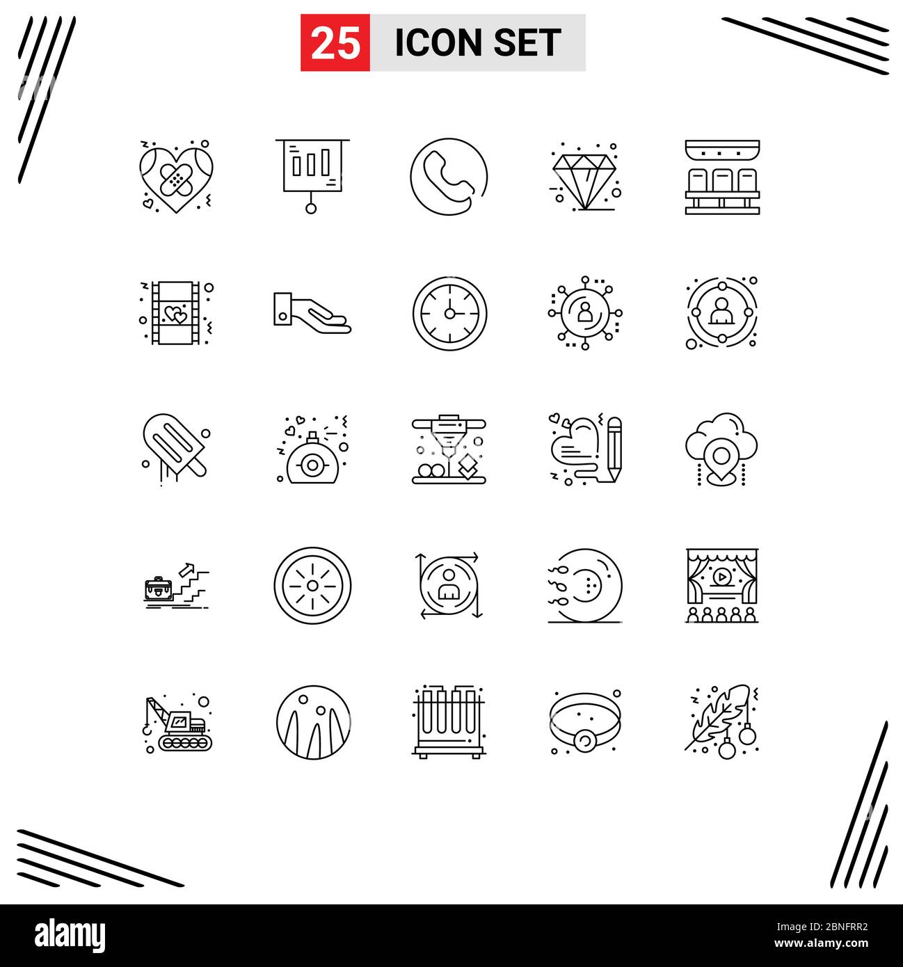 Pack of 25 Modern Lines Signs and Symbols for Web Print Media such as seats, premium, sale, friday, black Editable Vector Design Elements Stock Vector