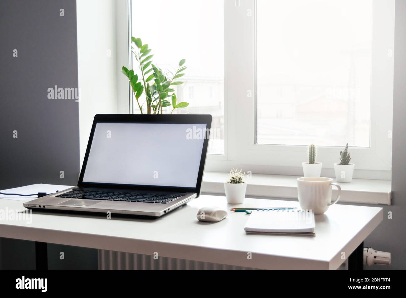 Work place with laptop with blank screen on white table with mouse and cup of coffee. Home office and remote work. Stock Photo