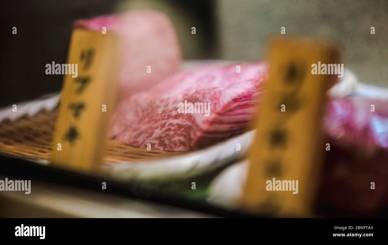 The arrangement of fresh wagyu beef raw prepare to sell to customer in