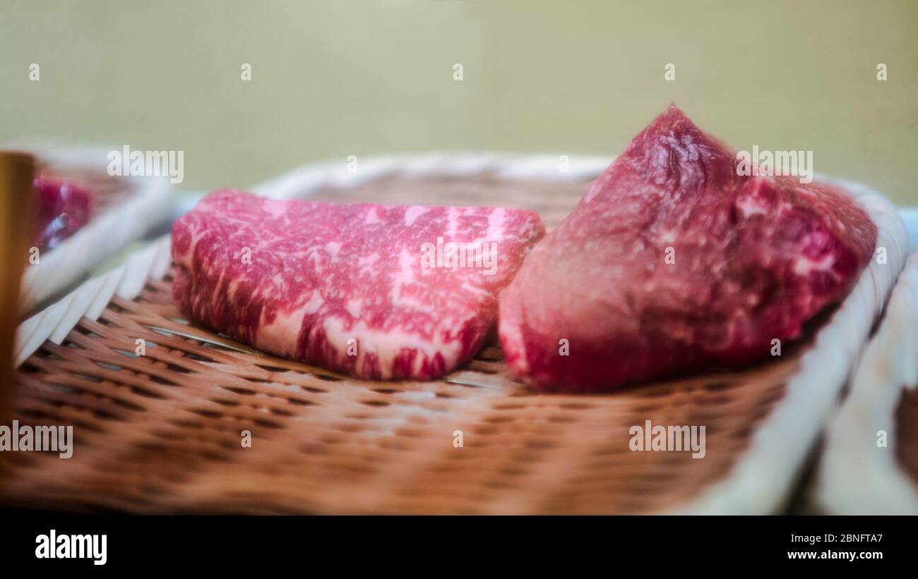 The arrangement of fresh wagyu beef raw prepare to sell to customer in