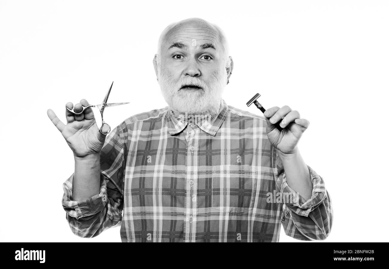 Trimming beard and mustache. Grooming service. Cut beard facial hair. Cut or shave. Pick perfect