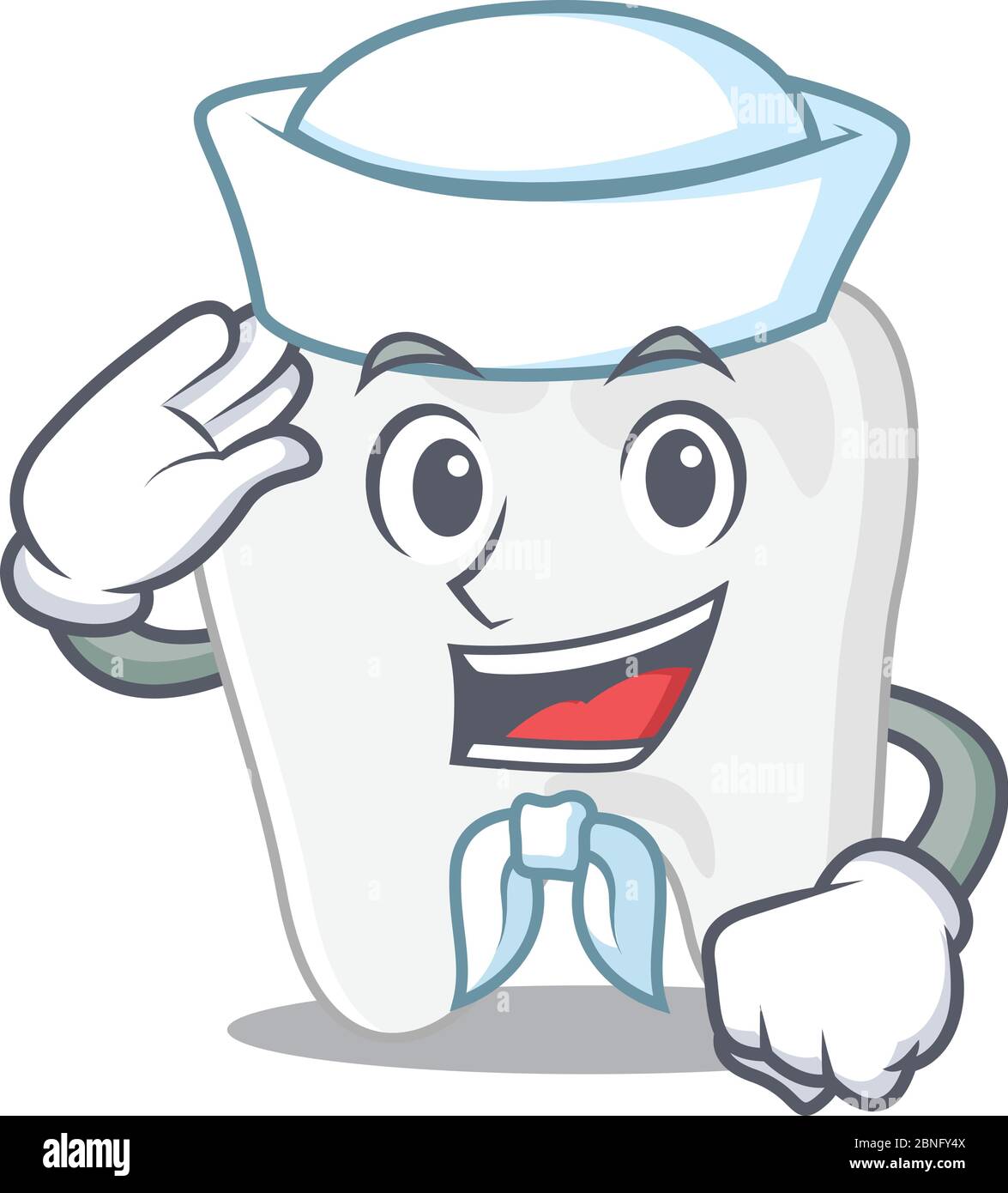 Smiley sailor cartoon character of tooth wearing white hat and tie