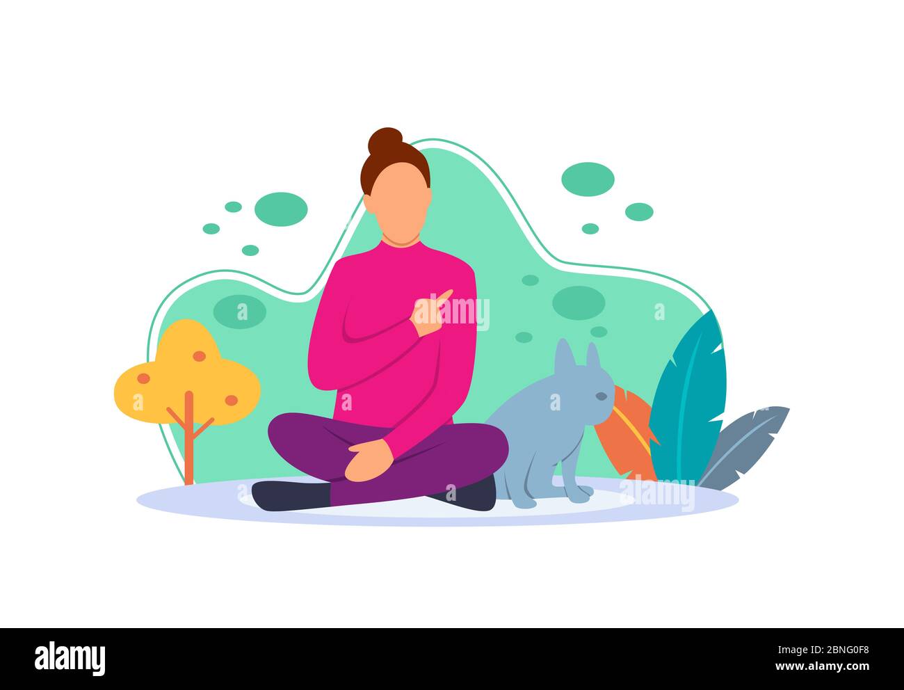 Flat illustration of a girl sitting with her dog. flat cartoon character with the concept of affection of girl to dog. Have free time when at home. Stock Vector