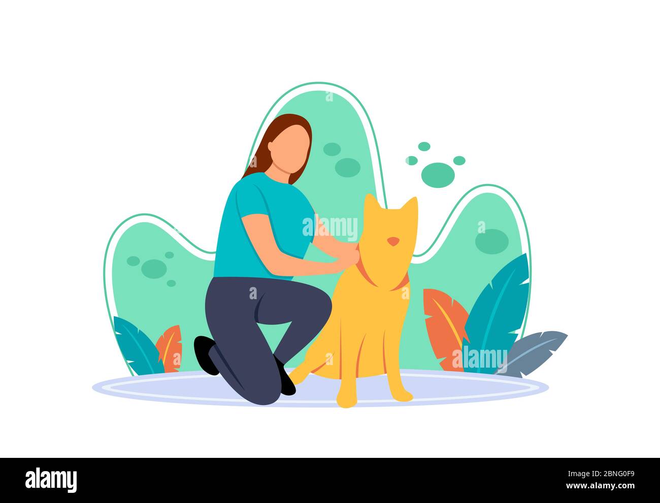 Flat illustration of a girl holding her dog with pleasure. flat cartoon character with the concept of affection of girl to dog. Have free time at home Stock Vector