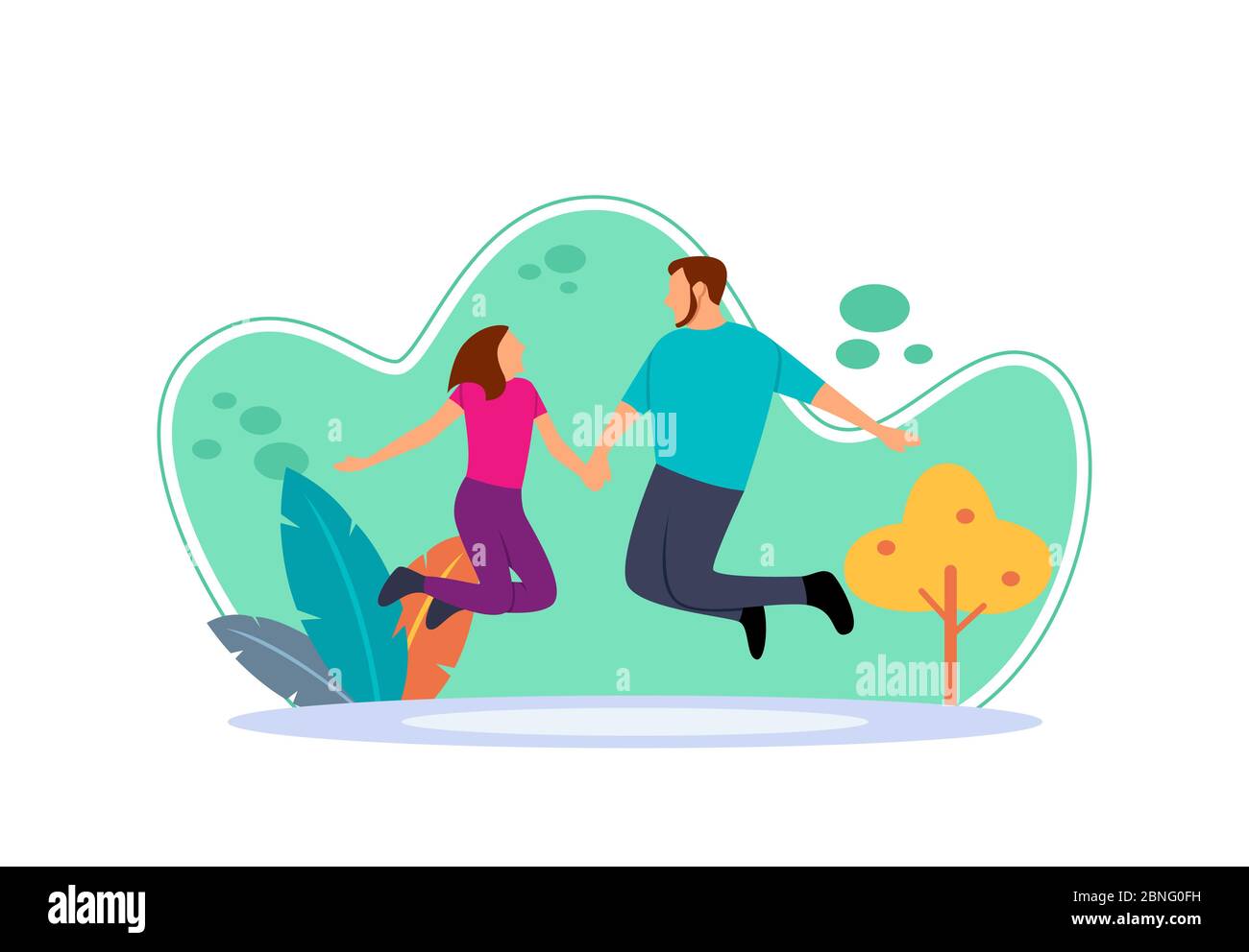 Flat illustration of boy and girl jumping together happily. flat cartoon character with the concept of couple's affection. Have free time for fun. Stock Vector