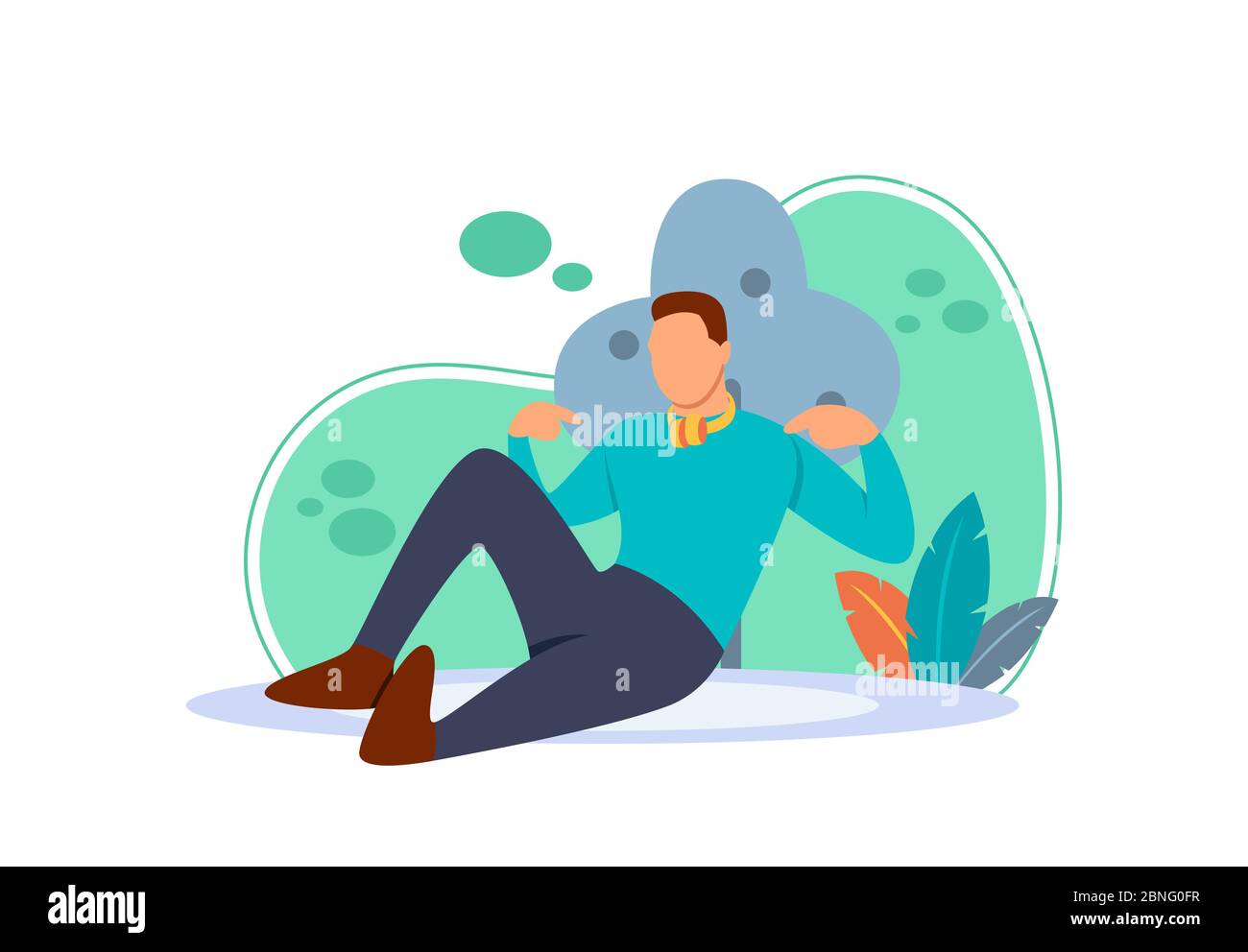 Flat illustration of a boy sitting near a tree and using a headset. flat cartoon character with the concept of someone who is enjoying life and happy. Stock Vector