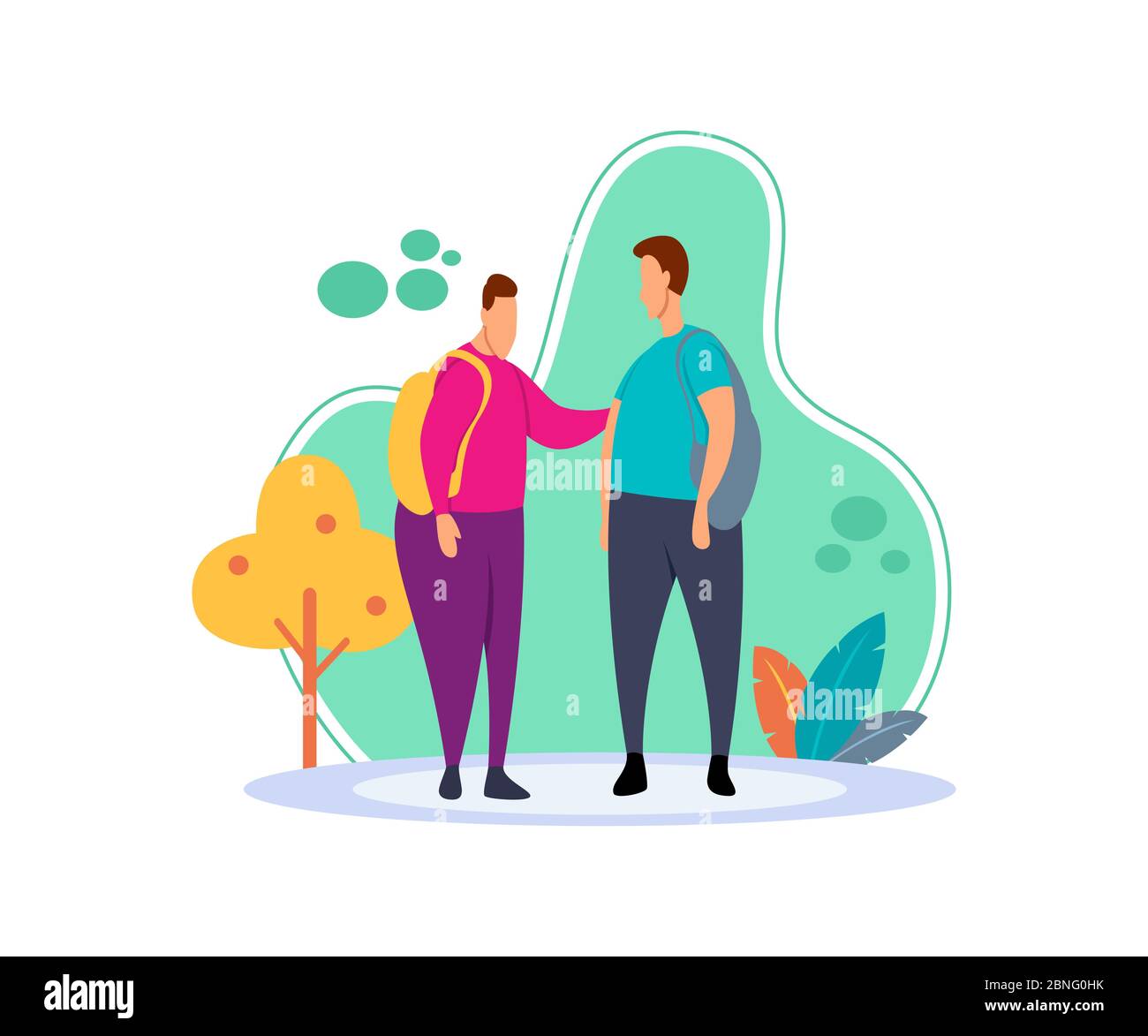 Flat illustration of two young boys standing and talking to each other carrying a backpack. Flat cartoon character with the concept of friendship Stock Vector