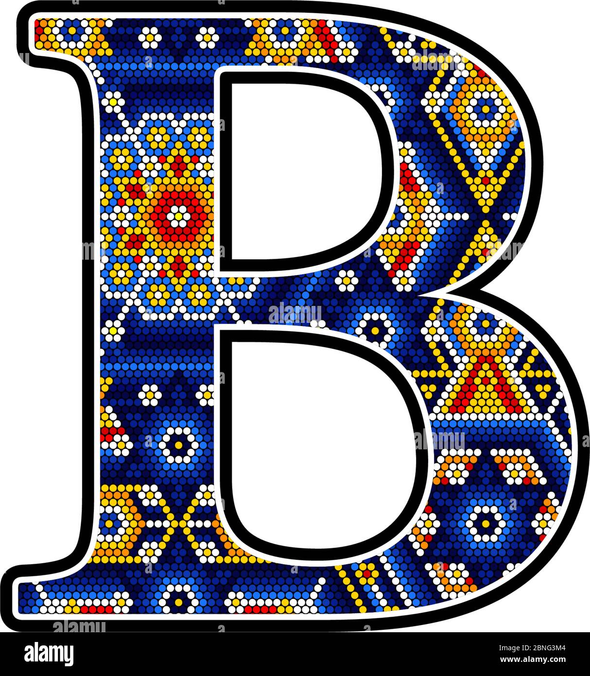 initial capital letter B with colorful dots. Abstract design inspired in mexican huichol craft art style. Isolated on white background Stock Vector
