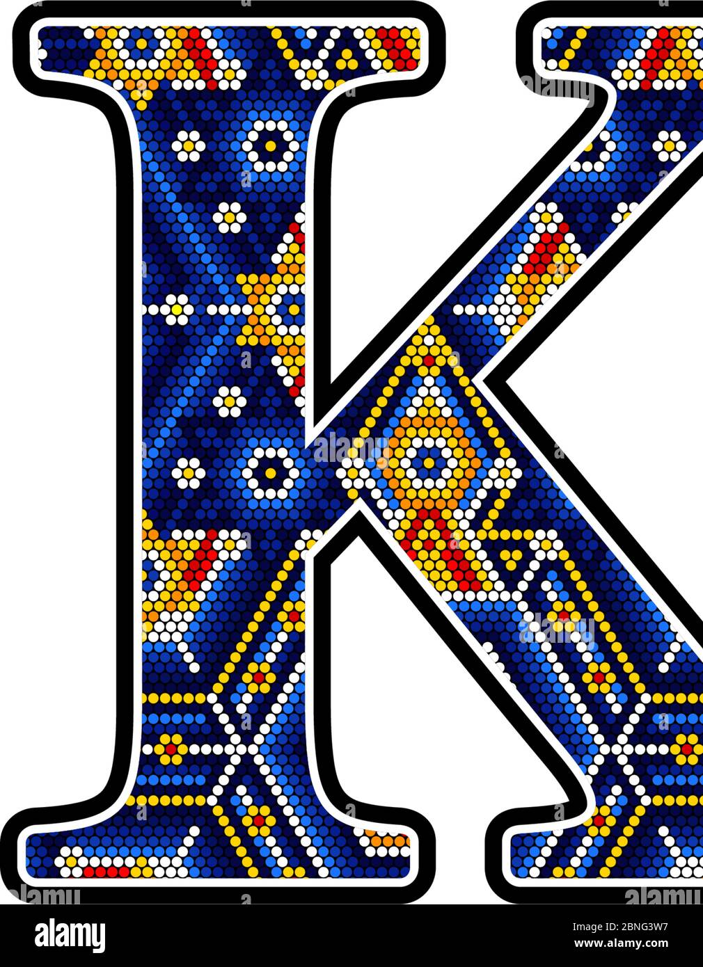 initial capital letter K with colorful dots. Abstract design inspired in mexican huichol craft art style. Isolated on white background Stock Vector