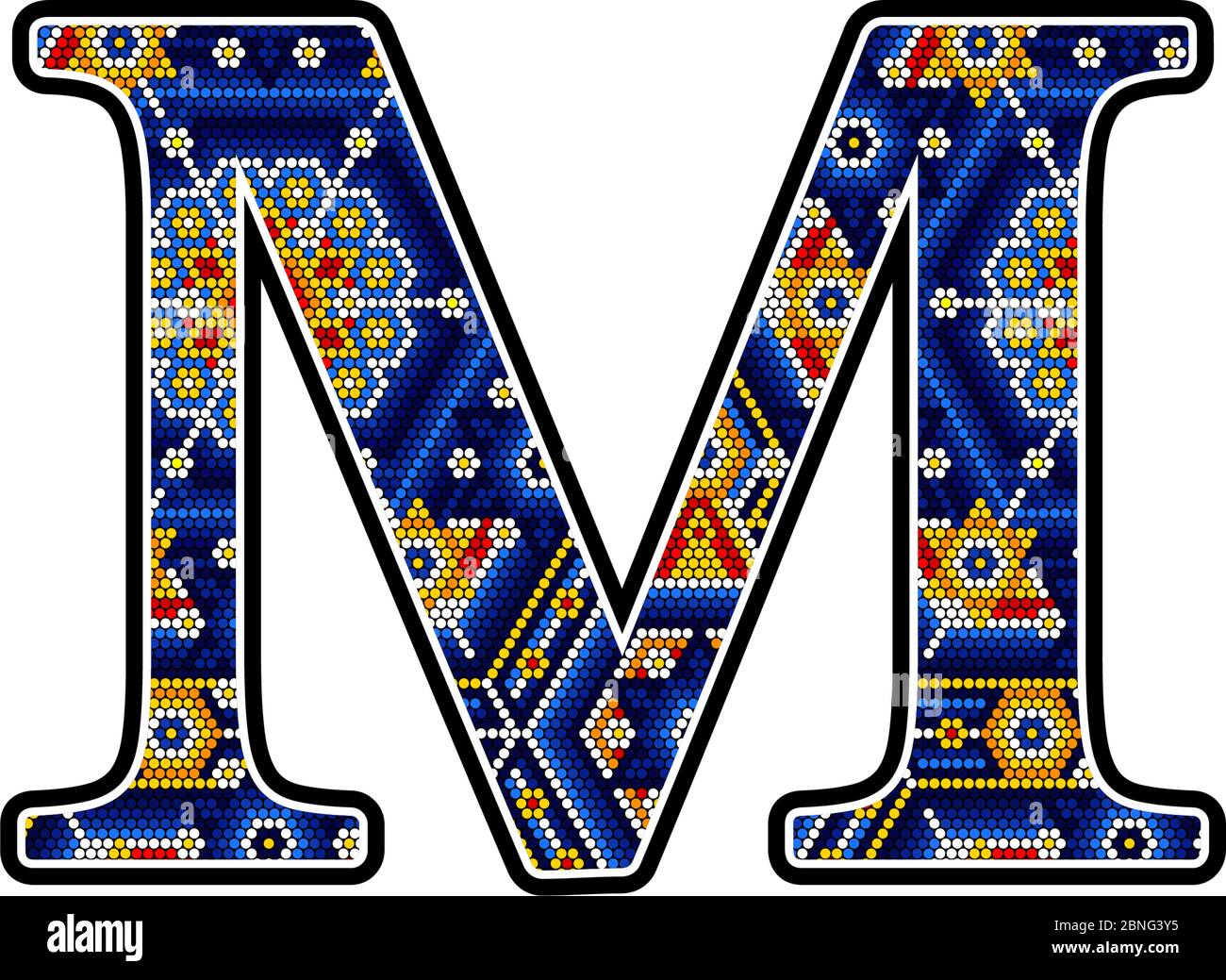 initial capital letter M with colorful dots. Abstract design inspired in mexican huichol craft art style. Isolated on white background Stock Vector