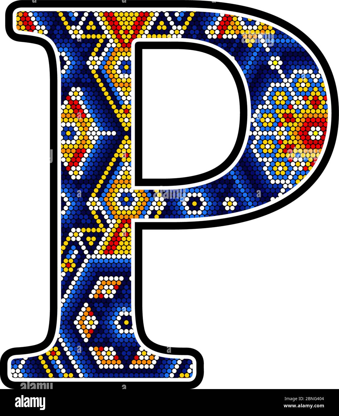 initial capital letter P with colorful dots. Abstract design inspired in mexican huichol craft art style. Isolated on white background Stock Vector