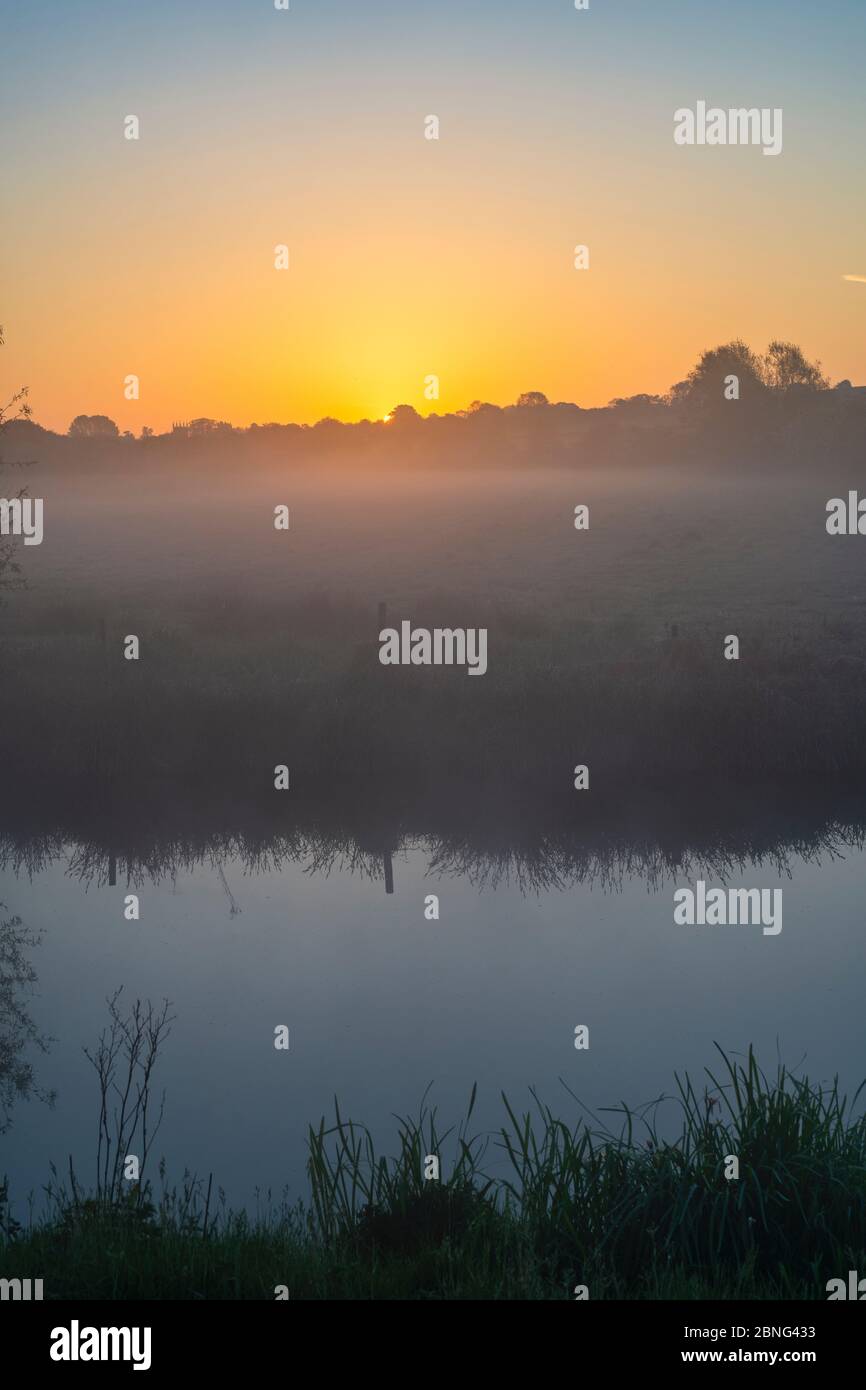Misty sunrise on the Oxford canal in spring. Upper Heyford, Oxfordshire, England Stock Photo