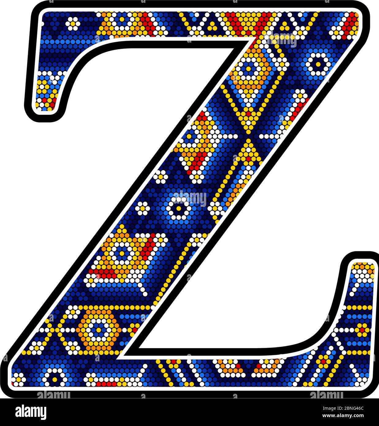 initial capital letter Z with colorful dots. Abstract design inspired in mexican huichol craft art style. Isolated on white background Stock Vector